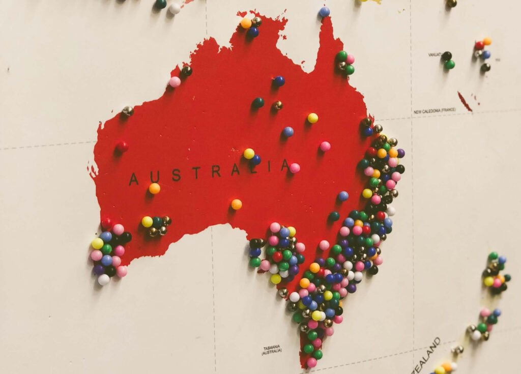 A red Australia on a map with pins to signify national presence from 1300 number