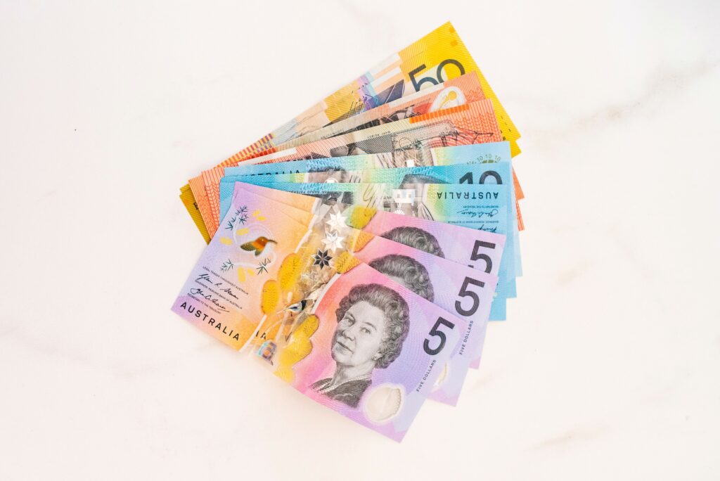Several colourful Australian banknotes